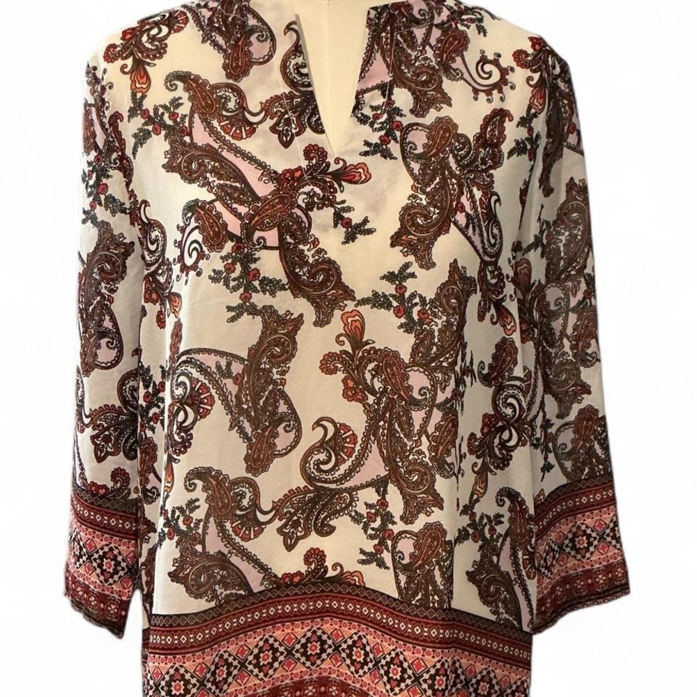 Violet B. Paisley Blouse‎ Sheer Medium Cream Rust Excellent Boho 3/4 Sleeve Top